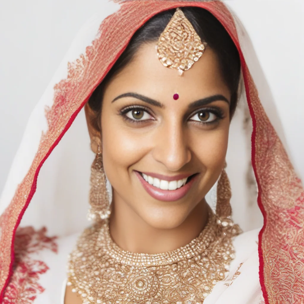 desimocha, headshot photo, close up, woman, intricate indian dress, flat matte white background, small smile, natural lighting, studio quality <lora:DesiCoffeeSDXL-000002:1>