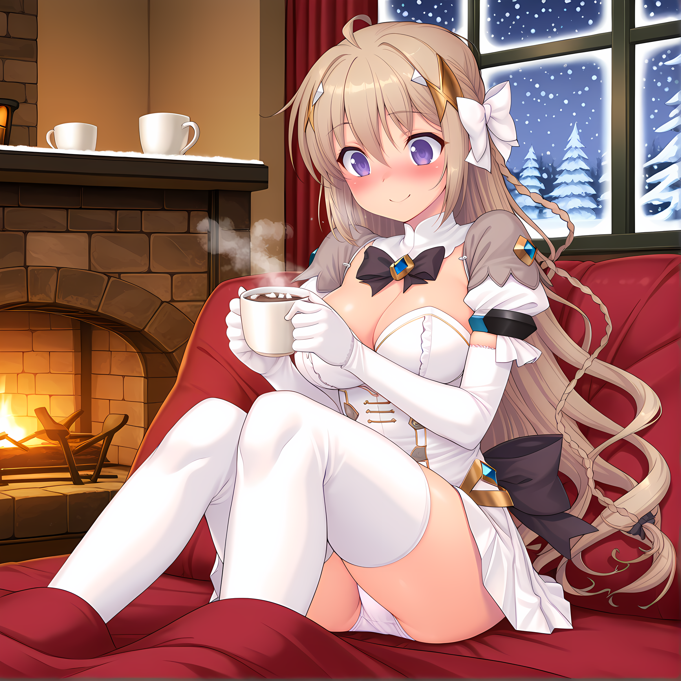 <lora:Tierna:0.9>,tierna,solo,long hair,breasts,purple eyes,large breasts,blush,brown hair,braid,hair bow,base outfit,gloves,thighhighs,white panties,blush,aroused,indoors,living room,sitting,winter,cup,steam,hot chocolate,happy,smile,closed mouth,blanket over legs,cozy,fireplace,snowing,window,evening,, masterpiece,best quality,amazing quality, very aesthetic, absurdres,detailed eyes,ultra-detailed,