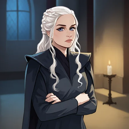 score_9_up, BREAK, DAENERYS, 1girl, solo, white hair, long hair, blue eyes, black dress, upper body, crossed arms, indoors, castle, looking at viewer, <lora:DaenerysTargaryen_PXL_Leaf1:1> , depth of field, night, moonlight,