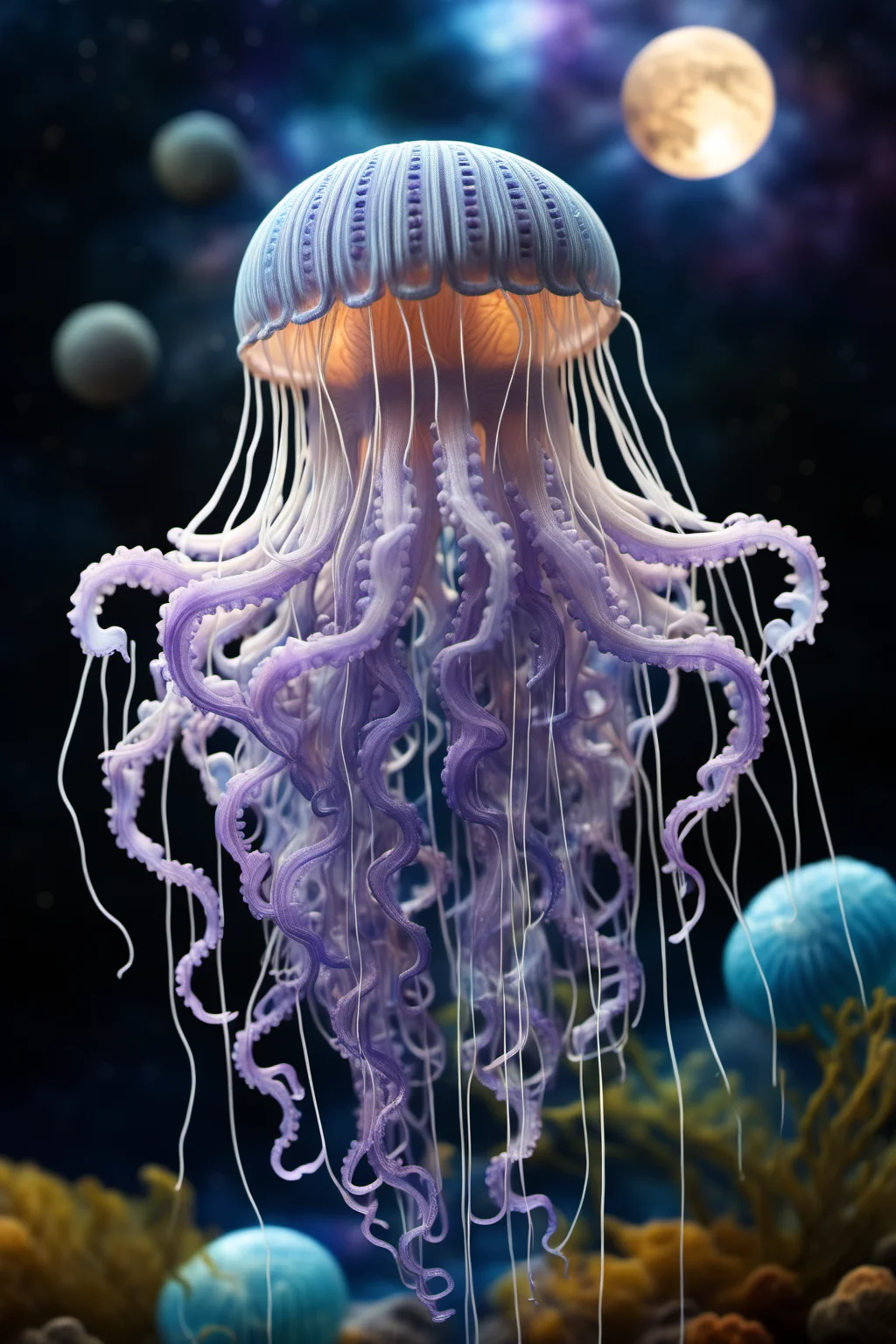 An astronaut is surrounded by blue and purple jellyfish,in space,with the moon and planets in the background,no_humans,tentacles,Full of dreams,3D,high resolution,High quality,amazing work,masterful work,science fiction,star,BJ_Sewing_doll,<lora:SDXL_Sewing_dol_v2:1>,