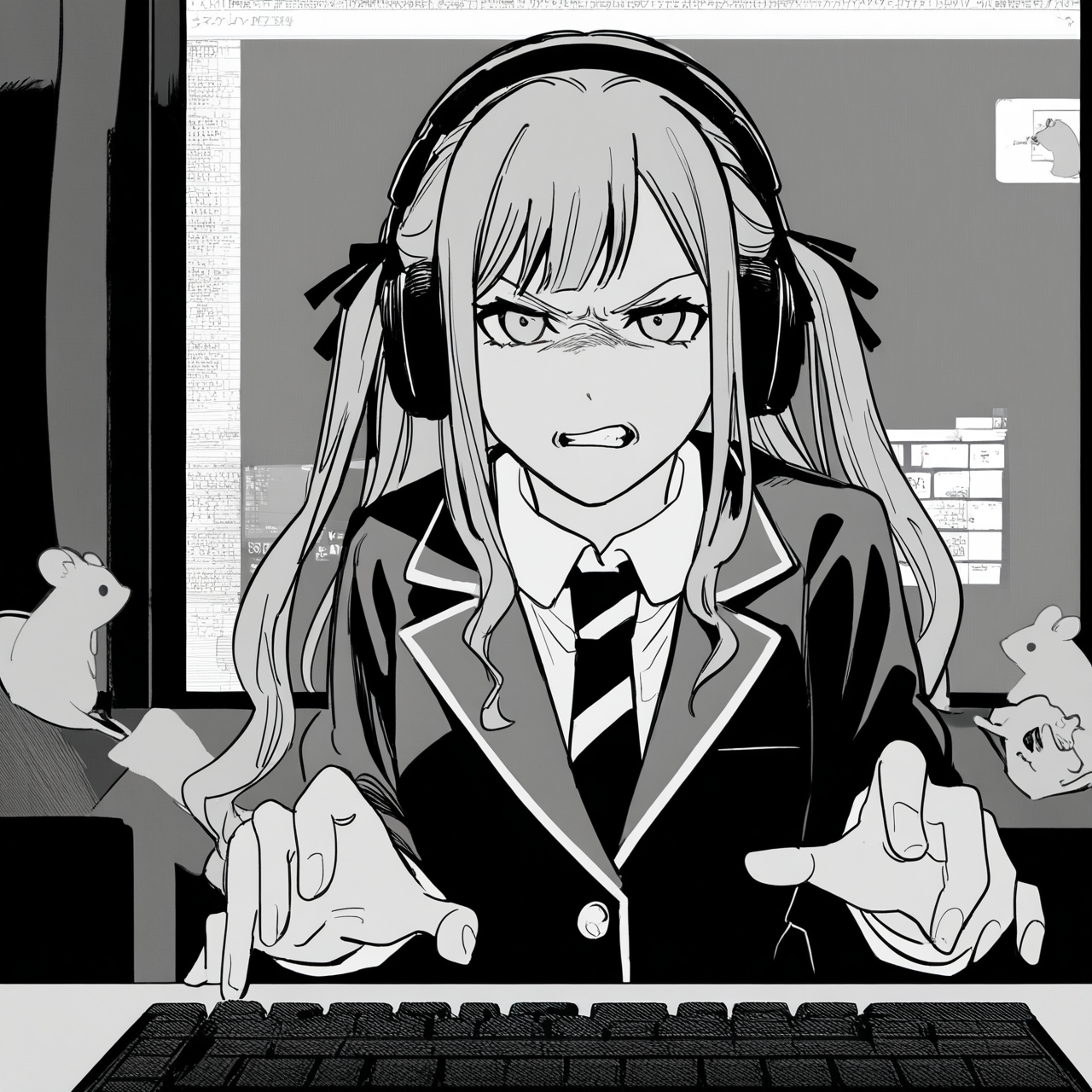 1girl,togawa sakiko,bang dream!,bang dream! it's mygo!!!!!,
dark theme,
very awa,holding,collared shirt,diagonal-striped clothes,diagonal-striped necktie,necktie,jacket,haneoka school uniform,jacket,long hair,long sleeves,looking at viewer,necktie,school uniform,shirt,sidelocks,solo,striped clothes,black background,white shirt,blazer,two side up,smile,looking at screen,computer,mouse,headphones,angry,typing,keyboard,clenched teeth,
masterpiece,best quality,amazing quality,very aesthetic,highres,absurdres,<lora:ftstyle-noob05-v2:1>,ftstyle,monochrome,greyscale,solo,