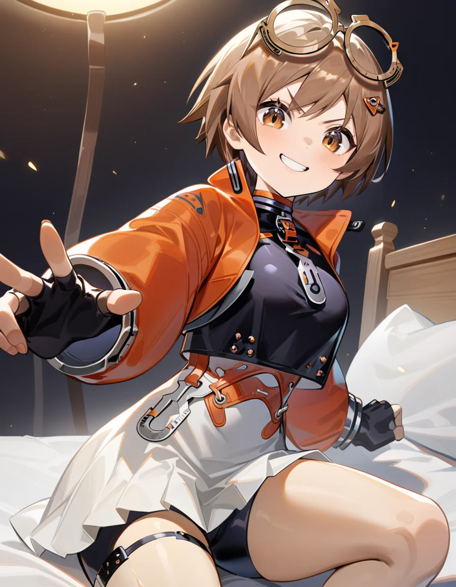 masterpiece,best quality,very aesthetic,absurdres,sitting on bed,punching towards viewer,smile,grin,looking at viewer,<lora:qianqiu_xl:0.8>,felllowmoon-qianqiu,1girl,solo,brown hair,gloves,short hair,orange jacket,fingerless gloves,bike shorts,brown eyes,black gloves,hair ornament,jacket,shorts,glasses,skirt,eyewear on head,goggles,