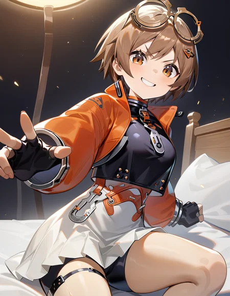 masterpiece,best quality,very aesthetic,absurdres,sitting on bed,punching towards viewer,smile,grin,looking at viewer,<lora:qianqiu_xl:0.8>,felllowmoon-qianqiu,1girl,solo,brown hair,gloves,short hair,orange jacket,fingerless gloves,bike shorts,brown eyes,black gloves,hair ornament,jacket,shorts,glasses,skirt,eyewear on head,goggles,