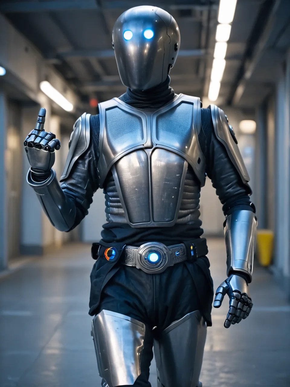score_9, score_8_up, score_7_up, score_6_up, BREAK, Isaacrobot, blue eyes, helmet, glowing eyes, belt, humanoid robot, boots, raise right hand, five fingers, middle finger <lora:Isaac:1>
