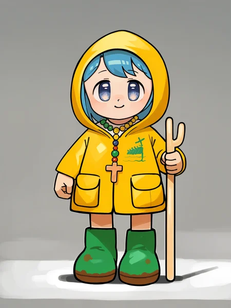 score_9, score_8_up, score_7_up, score_6_up, score_5_up, 
Luce, symbol-shaped_pupils, (solo), umbrella,  raincoat, 1girl, solo, large_breasts, rubber_boots, yellow_raincoat, blue_hair, blue_eyes, boots, hood, full_body, smile, short_hair, holding, hood_up, standing, long_sleeves, bangs, yellow_footwear, necklace, jewelry
 <lora:Luce_Vatican:1> <lora:Little_Nuns:1>