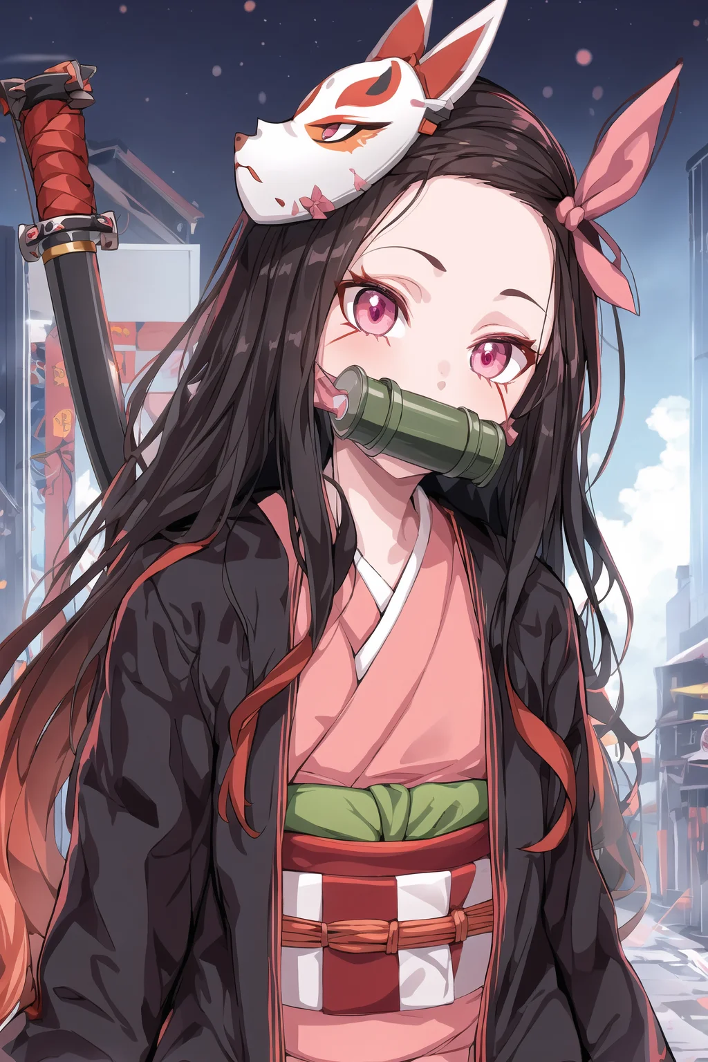 <lora:Nezuv1:0.6>, 1girl, bamboo, bit gag, black hair, brown hair, checkered, contemporary, forehead, fox mask, gag, hair ribbon, haori, jacket, japanese clothes, kamado nezuko, kamado tanjirou, katana, kimono, long hair, mask, mask on head, mouth hold, multicolored hair, night, orange hair, outdoors, pink eyes, pink kimono, pink ribbon, red hair, ribbon, scar on face, scar on forehead, sword, tengu mask, weapon