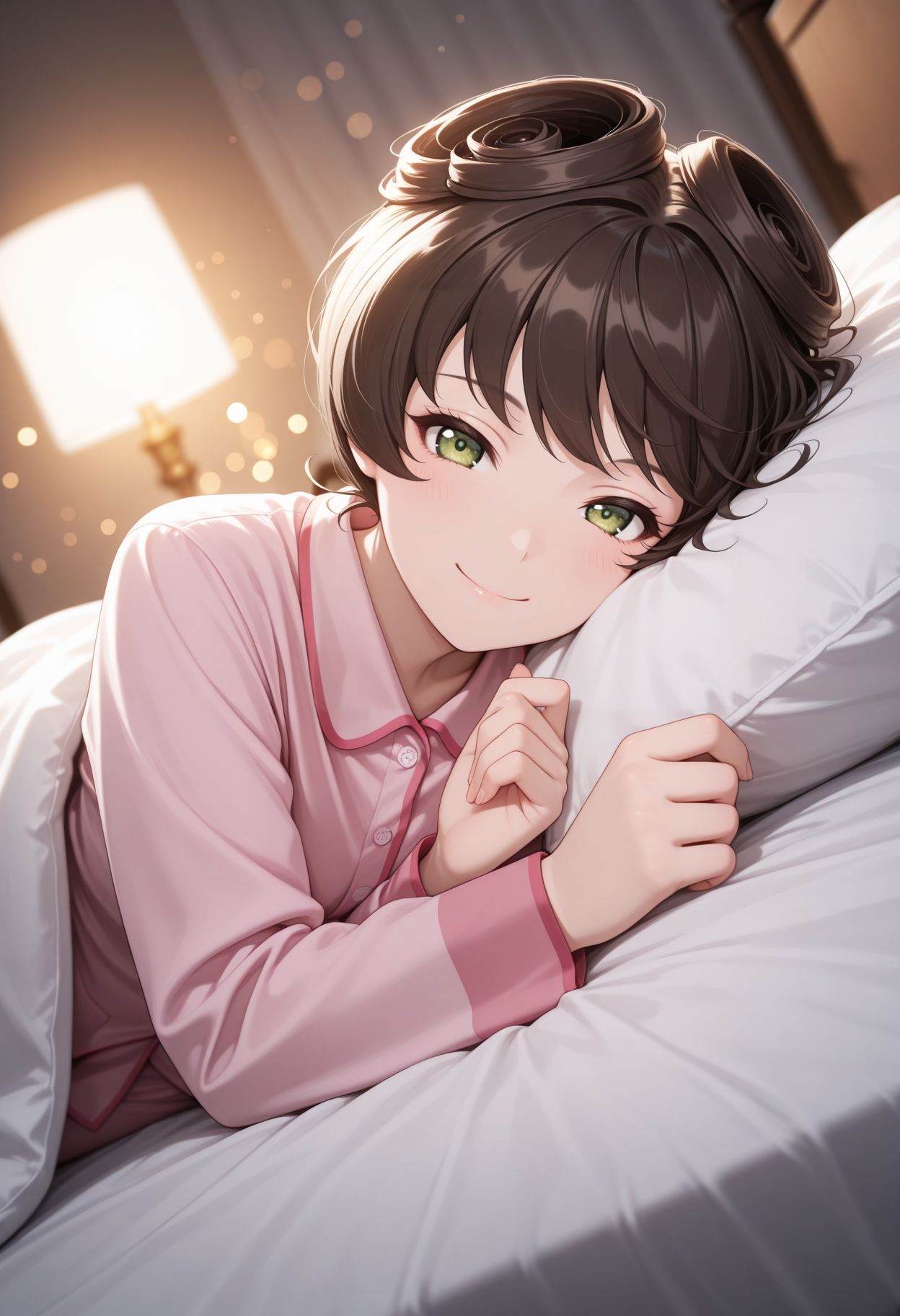 masterpiece,best quality,absurdres,highres,very aesthetic,high quality,detailed,insanely detailed,beautiful,perfect lighting, ,depth of field,blurry background,bokeh, looking at viewer, 
 <lora:Hosomi Shizuko  illu:1> 1girl, short hair, green eyes, brown hair, long sleeves, 
lying, in bed, on side, pink pajamas, sleeping, smiling, , closed mouth, in bed-sheets,