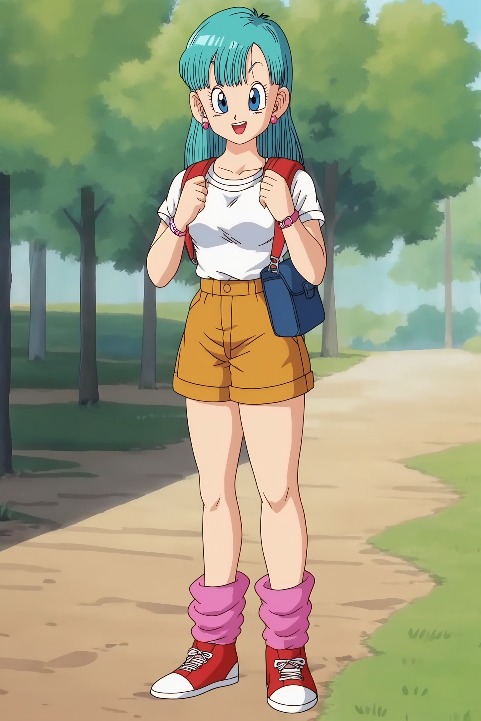 source_anime, score_9, score_8_up, score_7_up, anime screencap, absurdres,
bulma \(dragonball\), official style, 1girl, brown shorts, tongue, medium breasts, pink legwear, red footwear, upper teeth, solo, long hair, looking at viewer, smile, open mouth, blue eyes, full body, two tone footwear, white shirt, earrings, outdoors, aqua hair, shoes, shorts, day, loose socks, bag, tree, backpack, grass, pointing, nature, forest, watch, wristwatch, collarbone, eyebrows, eyelashes
<lora:DB_Bulma_v1:0.8>