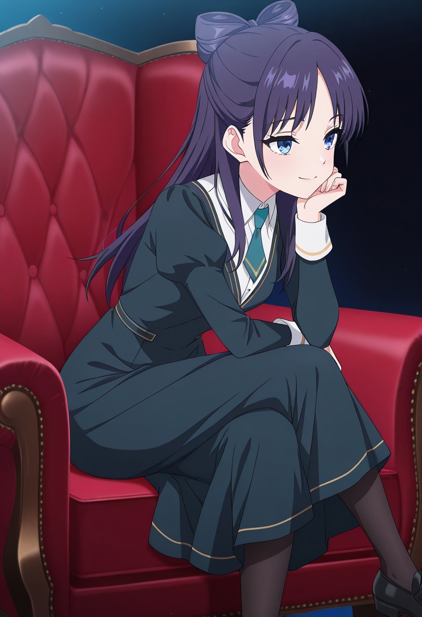 (absurdres, best quality, masterpiece:1.4), amazing quality, highres, newest, detailed, detailed body, detailed face, source anime, anime coloring, beautiful, dark background, petite, on fancy red chair, sitting, light ray, cross legs, hand to own chin, downturned eyes, looking ahead,
BREAK
WWNemu, 1girl, solo,  smile, NemuAniHu, dark purple hair, bow-shaped hair, parted bangs, half updo, blue eyes, v-neck dress, white inner collared shirt, Short necktie, juliet sleeves, long skirt, black pantyhose, black shoes,