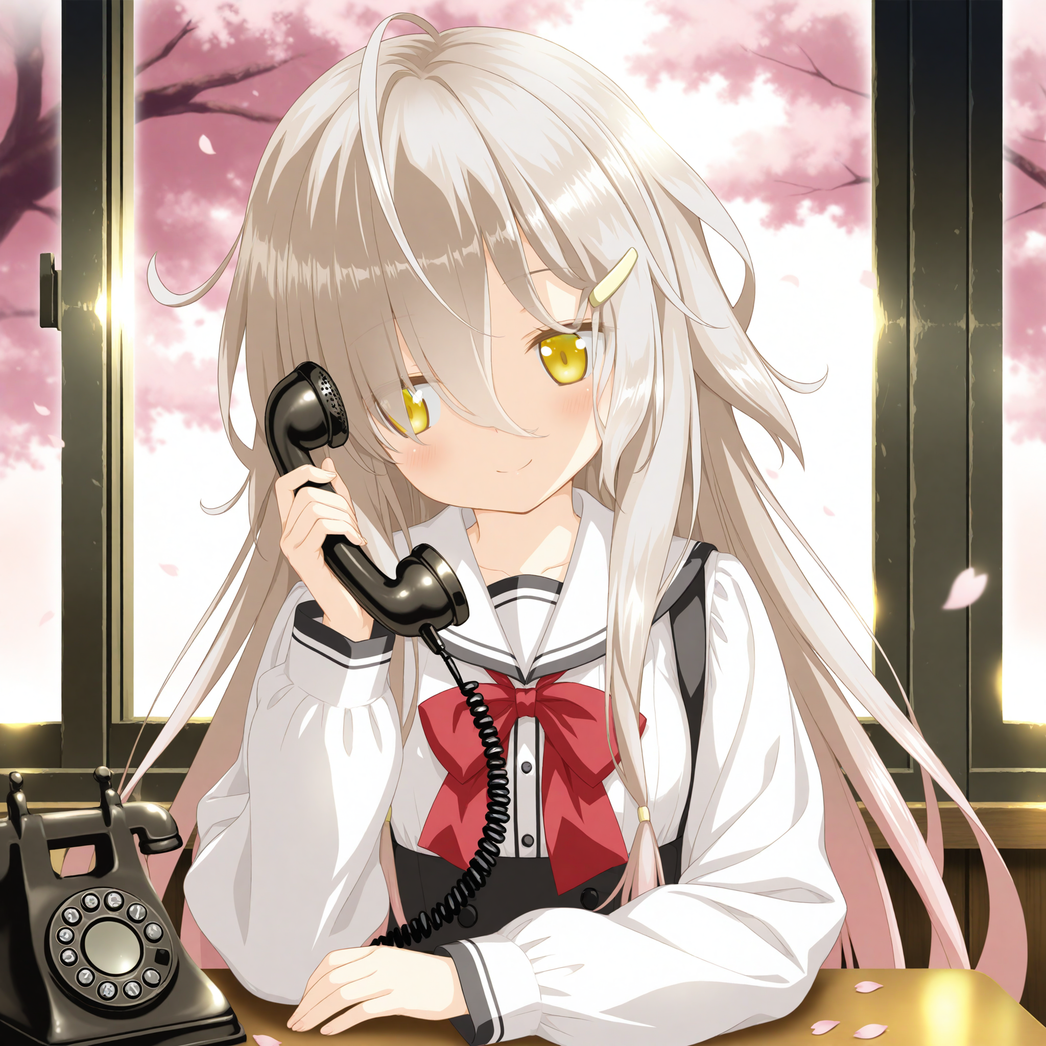 <lora:kuro_3_nai-000079:1>,official art,kuro,hairclip,ahoge,
school uniform,white socks,white shirt,suspender skirt,black skirt,white sailor collar,high-waist skirt,pleated skirt,suspenders,red bowtie,serafuku,
1girl,solo,front view,indoors,window,cherry blossoms,falling petals,corded phone,holding phone,antique phone,sitting,arm on table,smile,straight-on,upper body,head tilt,looking_away,looking_outside,looking outside,sideways_glance,
