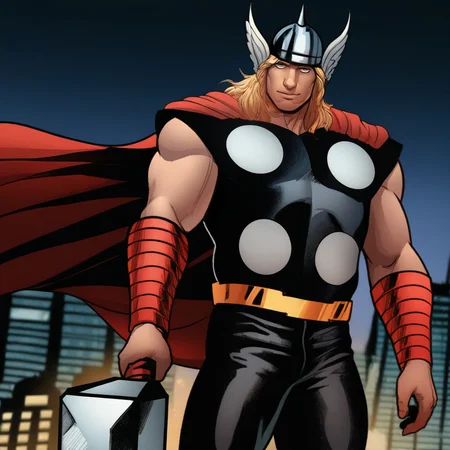 (blurry background), th1or03, blonde hair, blue eyes, 1boy, male focus, bara, solo, standing, new york city, buildings, night, sky, (holding mjolnir), metal helmet, white wings, black pants, metal circles, red cape, red bracelets, golden belt, black pants, looking at viewer, light smile,  <lora:Thor:1>