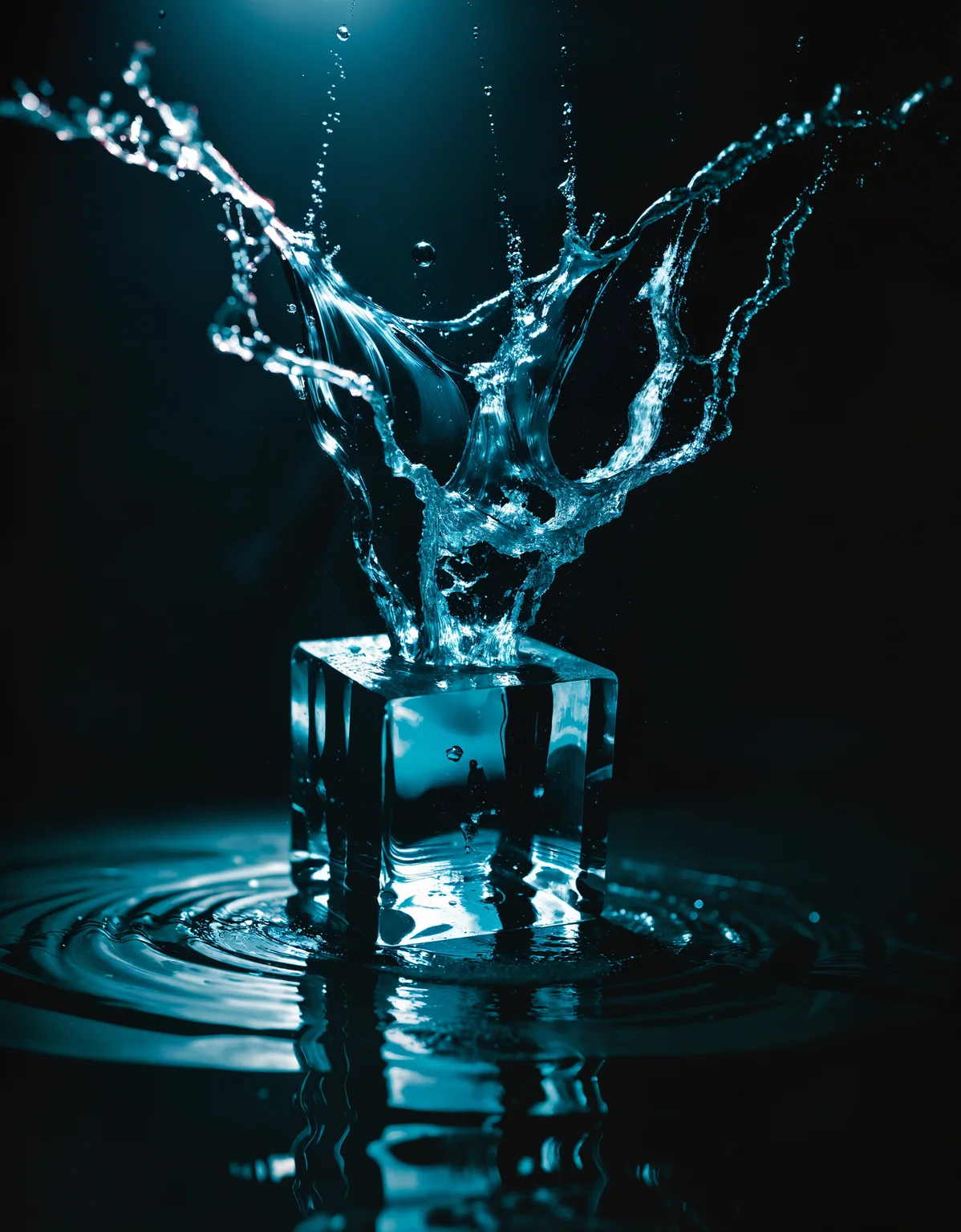 zavy-splsh, water splash, an icecube falling in water creating a huge splash of iredescent water
