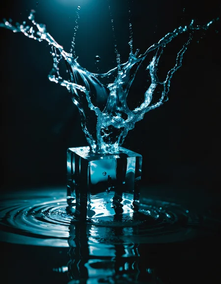 zavy-splsh, water splash, an icecube falling in water creating a huge splash of iredescent water