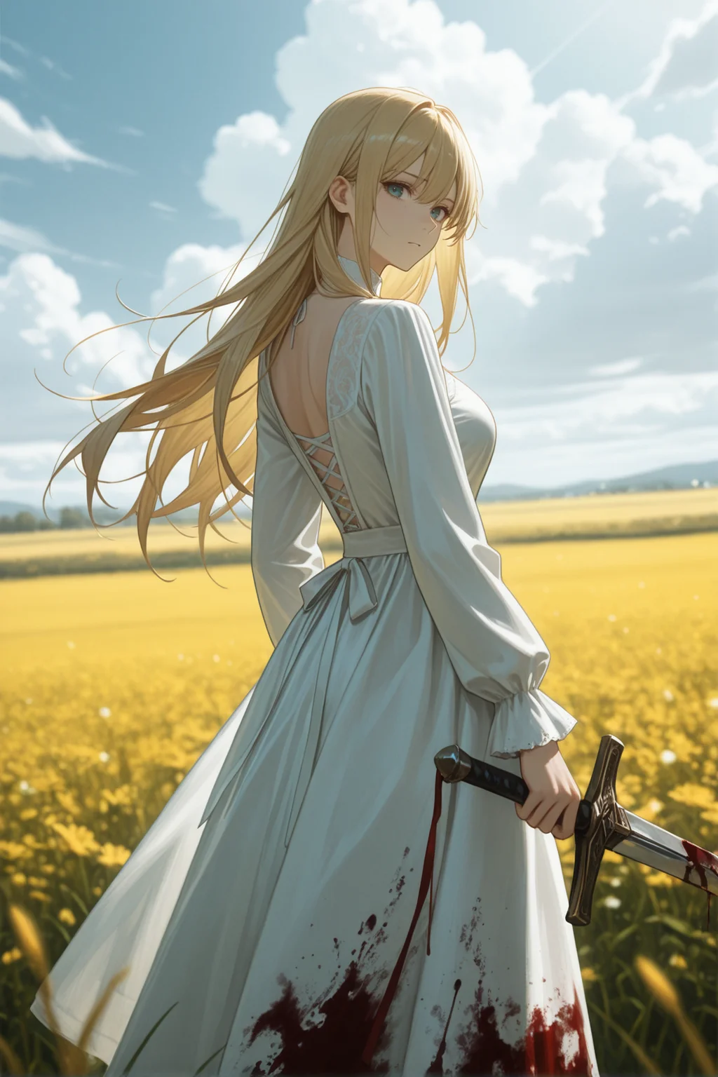1girl, weapon, dress, long hair, solo, blonde hair, sword, blood on clothes, white dress, blood, looking at viewer, holding, holding weapon, outdoors, holding sword, standing, long sleeves, , field, sky, cloud,
masterwork, masterpiece, best quality, detailed, depth of field, , high detail, best quality, very aesthetic, 8k, dynamic pose, depth of field, dynamic angle, adult, aged up