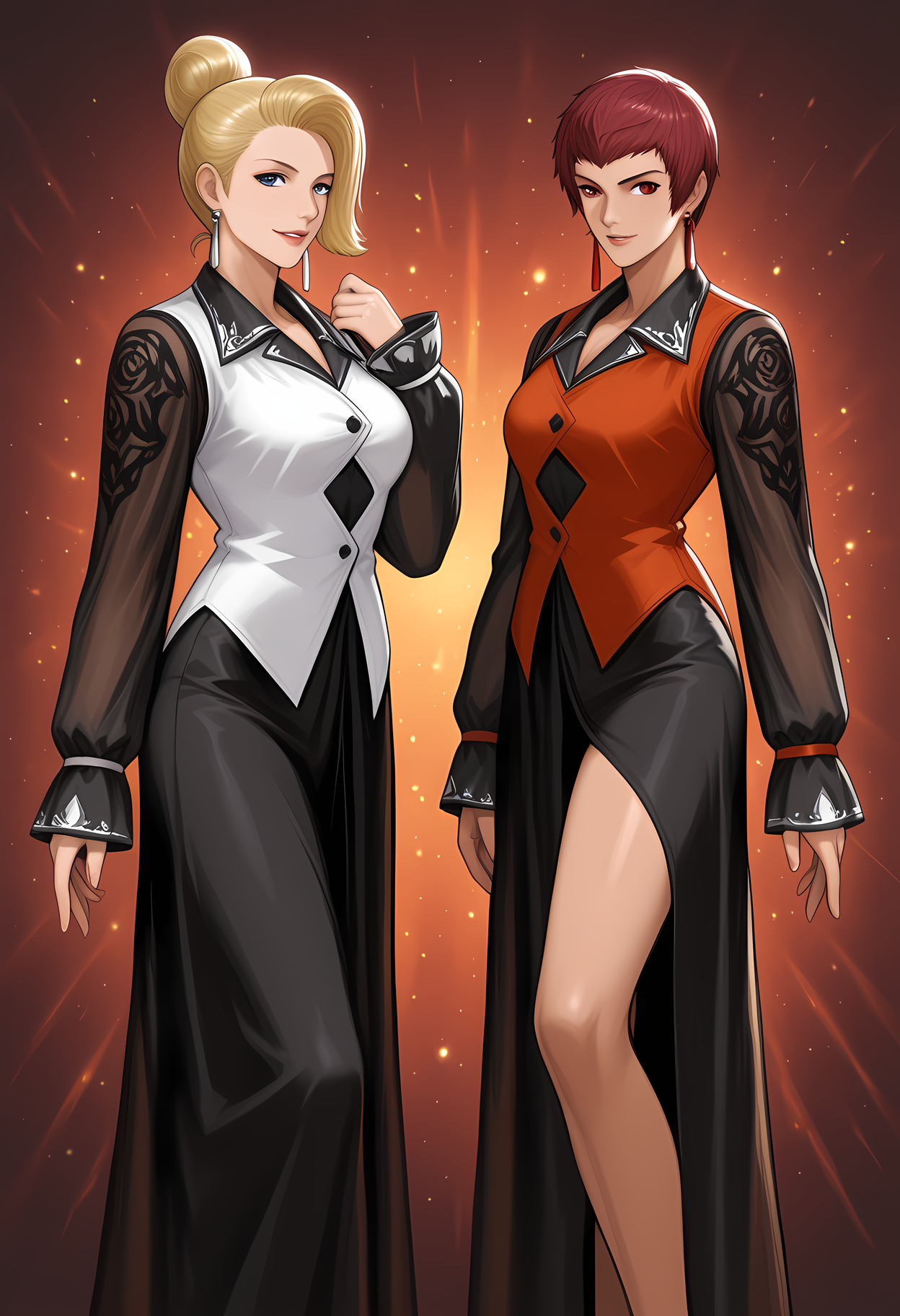 masterpiece, best quality, amazing quality, 2girls, female focus, side by side, abstract background, <lora:cfg_scale_boost:.6> <lora:Mature_and_Vice_-_King_of_Fighters_-_ILXL:1> ADDBASE
kof_mature, blonde hair, hair in bun, bangs, blue eyes, long dress, slit dress, black dress, white vest, ADDCOL
kof_vice, red hair, short hair, red eyes, long dress, slit dress, black dress, red vest