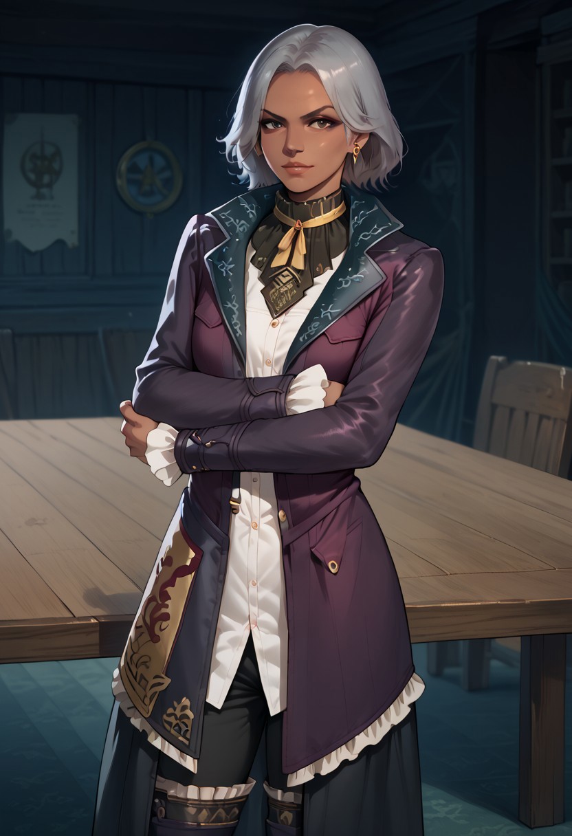 Score_9_up, score_8_up, score_7_up, source_realistic, BREAK smug, parted lips, 1girl, solo, vivianxvi, short hair, grey hair, dark-skinned female, earrings, long coat, collar, white shirt, black pants, thighhigh boots, crossed arms,