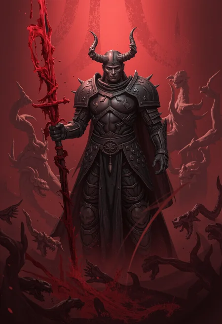 degenesis style grimdark fantasy illustration of a fully armored knight with a large greatsword made of blood in one hand. The knight's armor is intricately detailed and made from a black material, covered in occult symbols and runic script and his pauldrons are huge demon skulls with horns. He is surrounded by an army of demonic creatures attacking. Red mist permeates the air and the light is ominously fateful. Dynamic and dramatic depiction of an epic battle scene. <lora:flux\flux-Sch-SingleBlocks-F32.sft> <lora:flux\flux_sxz-Degenesis-v1>