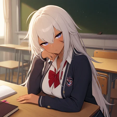 safe, masterpiece, best quality, school, classroom
BREAK indiana, face scar, school uniform, sitting, desk, bored, notebook, pencil 
<lora:Indiana_NAIXL_v10:0.8>