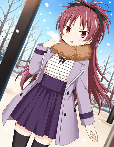 masterpiece, best quality, newest, absurdres, highres, safe, 1girl, sakura kyoko \(winter costume\), magia record: mahou shoujo madoka magica gaiden, purple high-waist skirt, thighhighs, solo, snowing, outdoors, dutch angle, <lora:sakura_kyoko_noobaiXLNAIXL_vPred10Version:0.7>