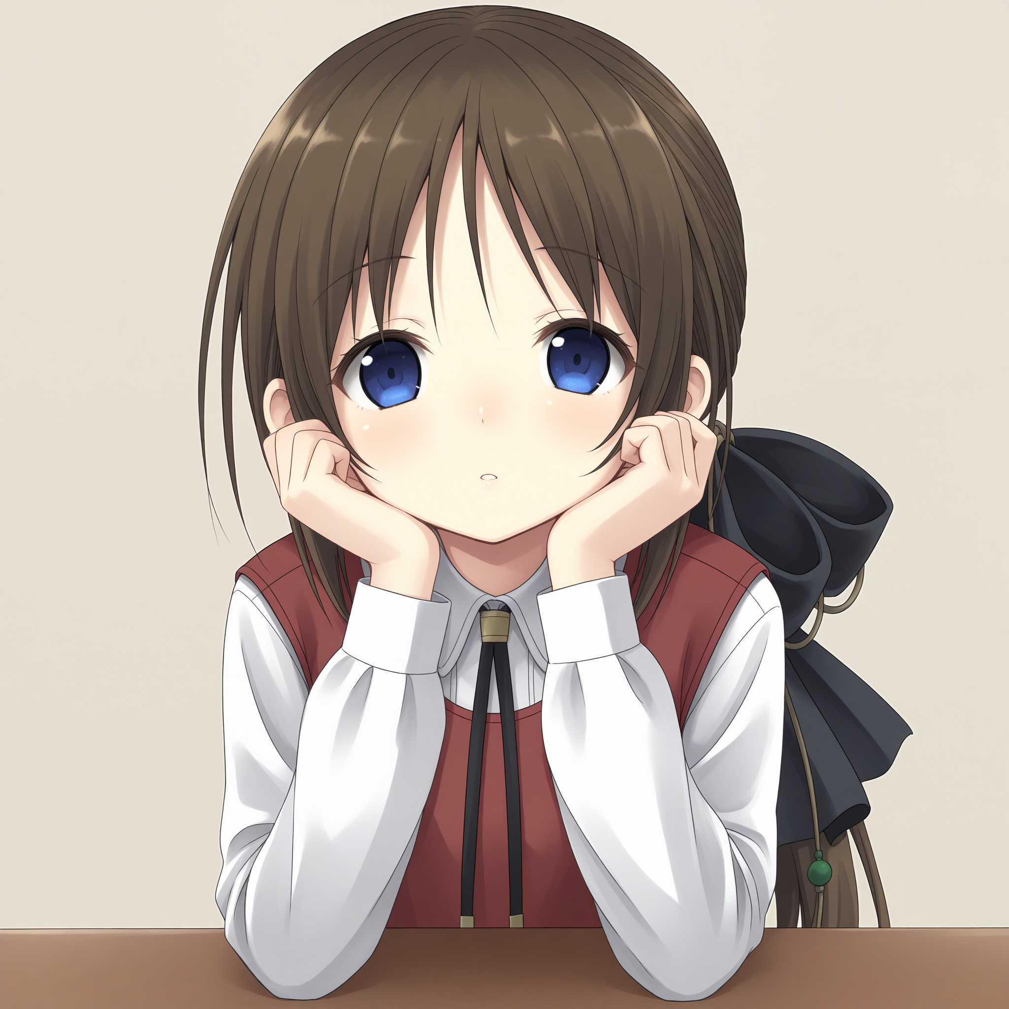 <lora:Tortinita_Fine_1_nai-000027:1>,Tortinita Fine,ponytail,hair bow,black bow,hair ornament,
red vest,white shirt,collared shirt,long sleeves,black neck ribbon,dress vest,
1girl,solo,front view,looking at viewer,head rest,table,indoors,leaning forward,hands on own face,arms on table,arm support,simple background,head tilt,upper body,