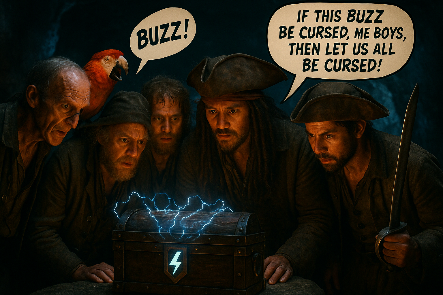 Create a realistic cinematic movie still. In a shadowy grotto lit by glowing blue reflections, five mangy-looking pirates—each with distinct physical features—stand around a treasure chest that crackles with blue electrical energy. One pirate has a strikingly gaunt face with a black eyepatch over one eye. Another has a brightly colored parrot perched on his shoulder, mid-squawk, shouting: “BUZZ!” Stylize this text bubble in a way to indicate screaming/squawking. The front panel of the treasure chest is marked with a glowing blue lightning bolt emblem. The pirates are all gazing intently at the treasure with wide eyes and greedy smiles. Their charismatic captain, with long dreadlocked hair, tanned skin, dramatic eyeliner, and a tattered oversized tricorn hat, brandishes a curved sword. In a speech bubble, he exclaims: “If this BUZZ be CURSED, me boys, then let us all be cursed!” (((Make it so none of the pirates resemble any character in any existing franchise but instead have completely unique features.))) 