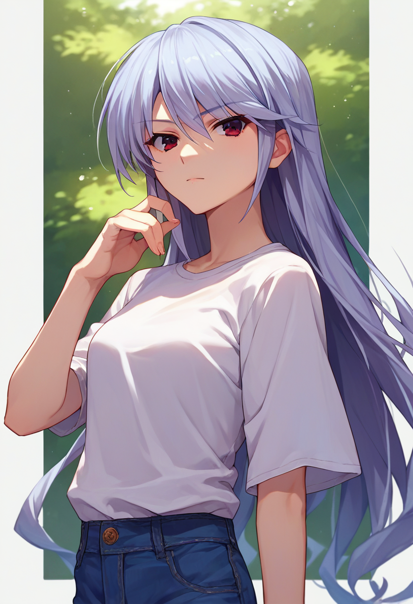 score_9, score_8_up, score_7_up, source_anime, 1girl,  <lora:KazukiCAME-000007:1> kazami kazuki, silver hair, long hair, red eyes, white shirt, jeans,