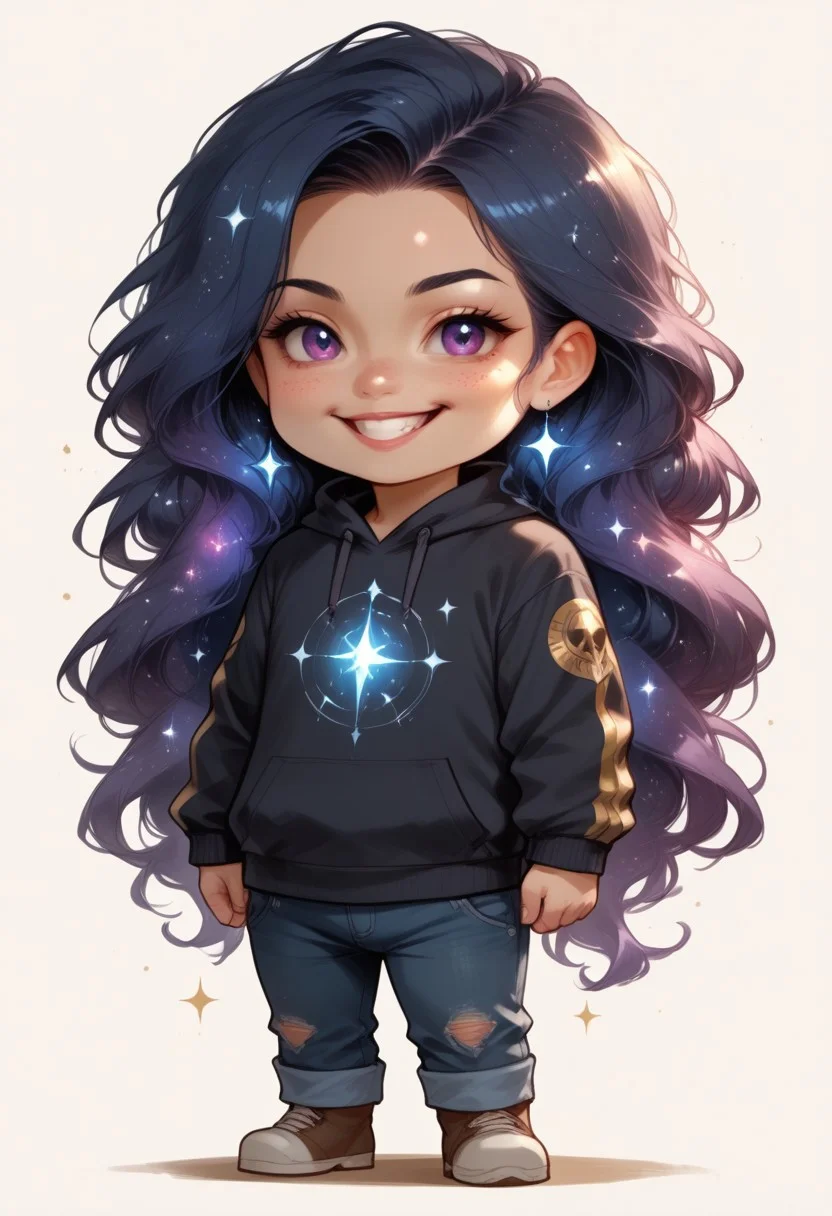 score_9, score_8_up, score_7_up, source_furry, solo, adorable chibi goddess, (flowing hair, long hair, Cosmic hair:1.4), happy, pointing at viewer, view from above, sweater, jeans, boots, (chibi body, sparkling body, pristine body:1.4), (indirect lighting, dynamic lighting:1.4), simple background, chibi art style, (detailed image, high resolution, 5k resolution:1.0), (chibi art style, cartoon Art Style:0.95)