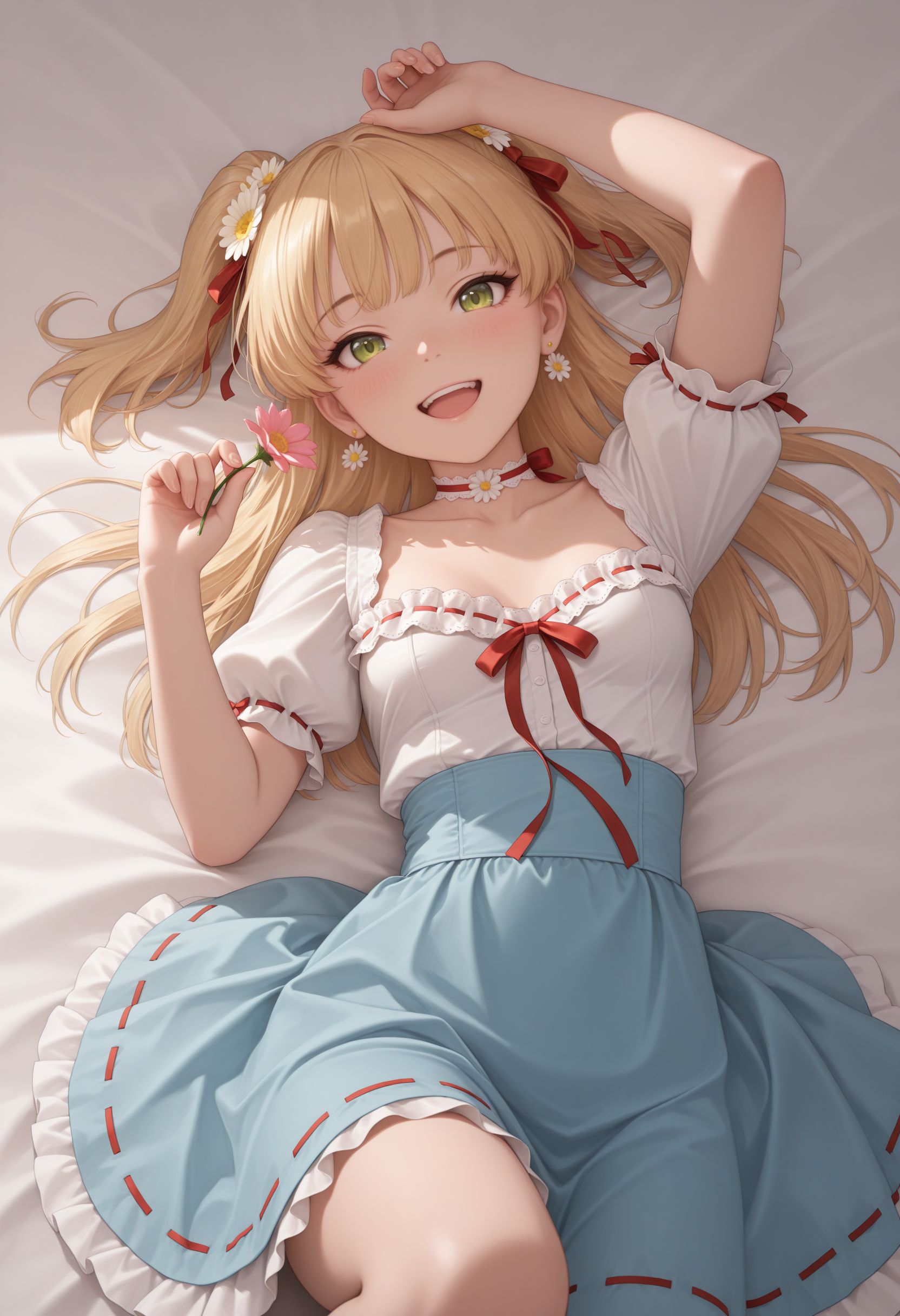 masterpiece, best quality, newest, (realistic:0.5), solo, looking at viewer,
 <lora:Jougasaki Rika illu:1> 1girl, white flower, puffy short sleeves, two side up, smile, blonde hair, choker, on back, lying, puffy sleeves, :d, blush, open mouth, holding flower, red bow, hair flower, green eyes, jewelry, bed sheet, collarbone, earrings, hair ornament, white shirt, blue skirt, looking at viewer, arm up, dress, red ribbon, upper teeth only, yellow flower, pink flower, hair ribbon, hand up, ribbon trim, small breasts