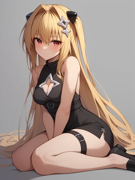 score_9,score_8_up,score_7_up,<lora:to_love-ru_all:1>,1girl, character: konjiki no yami, solo, grey background, from side, looking at viewer, sitting, blush, closed mouth, hair between eyes, red eyes, blonde hair, very long hair, hair intakes, hair ornament, cleavage cutout, hugging own legs, thigh strap, black dress, black footwear, short dress, sleeveless dress, black sleeves, detached sleeves, long sleeves, highres