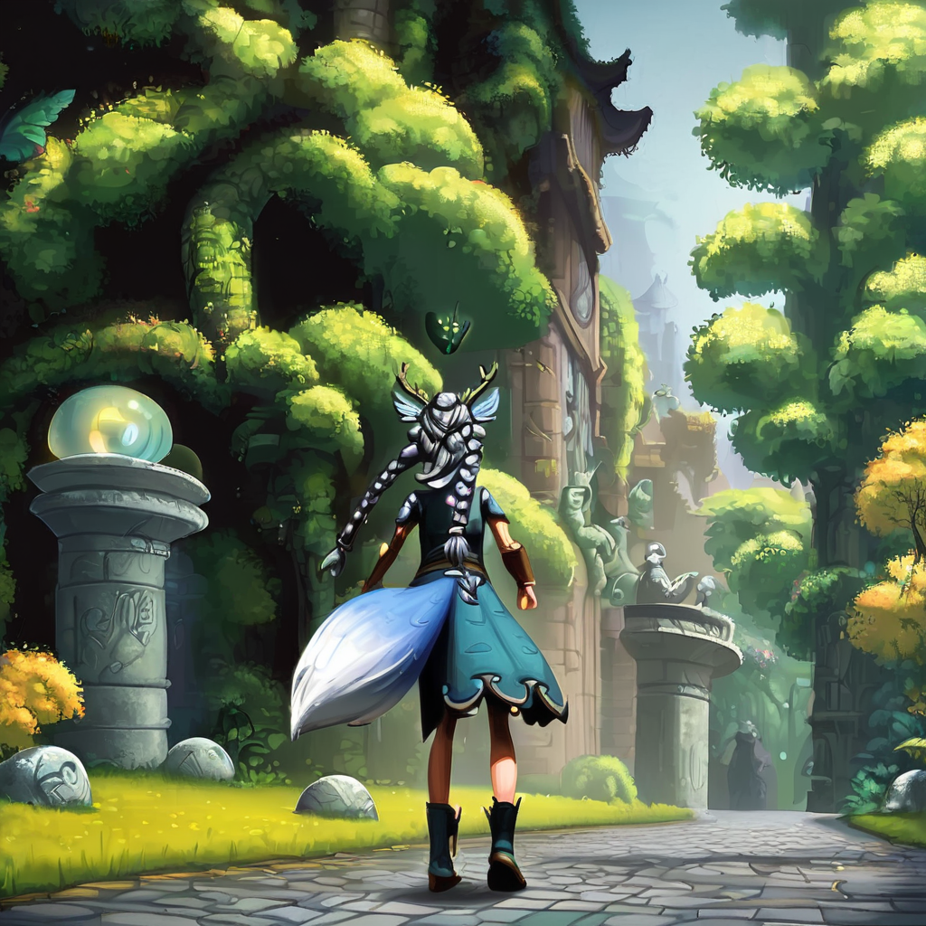 overgrown stone statue of ioxl, human, fantasy, dim moonlight, 1girl, solo, <lora:Io-11PLDXL:1.0>, ioxl, twin braids, fox tail, fox ears, antlers, wild forest, chiaroscuro, ivy, still life, fireflies, cobblestone,