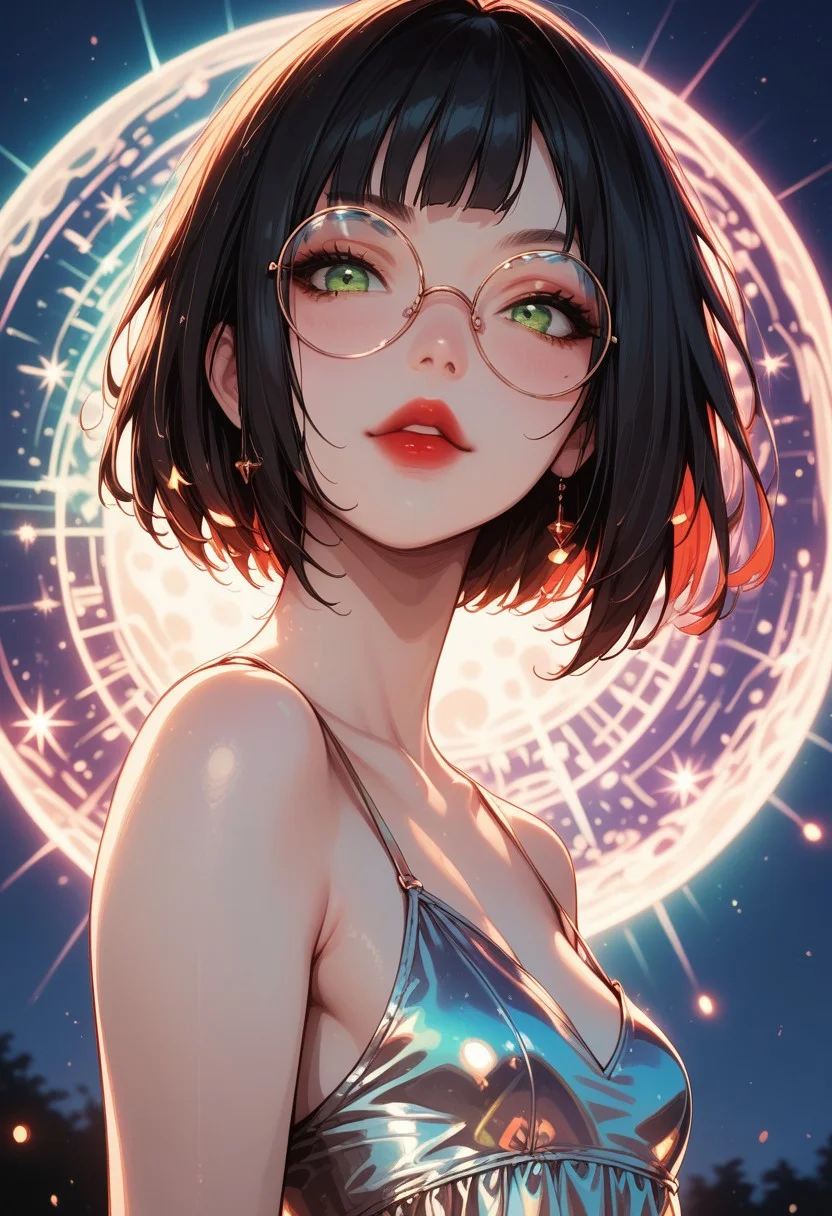 score_9, score_8_up, score_7_up, score_6_up, rating_questionable,y0mUy4k4d4sh1, 1girl, Polly, PollyRH, short hair, bobcut, black hair, bangs, green eyes, small breasts, almost flat chest, slim, pale skin, big round eyeglasses, clear eyeglasses lenses, nice round ass, red lipgloss, HD32k, dynamic pose, aesthetic, perspective, solo, detailed, sensual look, pinup pose, night, outdoor, , sensual look, pinup pose, starrynightdress, front view