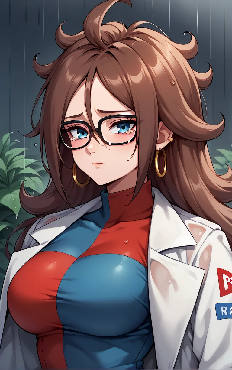 score_9, score_8_up, score_7_up, BREAK
HumanForm_Labcoat_Android21_ownwaifu, android 21,
1girl, big hair, blue eyes, brown hair, curly hair, glasses, hoop earrings, jewelry, long hair, spiked hair, hair between eyes, medium breasts, nail polish, black nails, black-framed eyewear, messy hair,
lab coat, white coat, long sleeves, checkered dress, black pantyhose, short dress, blue dress, red dress, turtleneck dress, impossible clothes, taut clothes, collarbone,
(portrait, rain, sad), crying, wet, wet clothes, closed mouth, hydrangea, outdoors, <lora:PONYXL_Android21_DragonBall_ownwaifu:0.75>, solo,