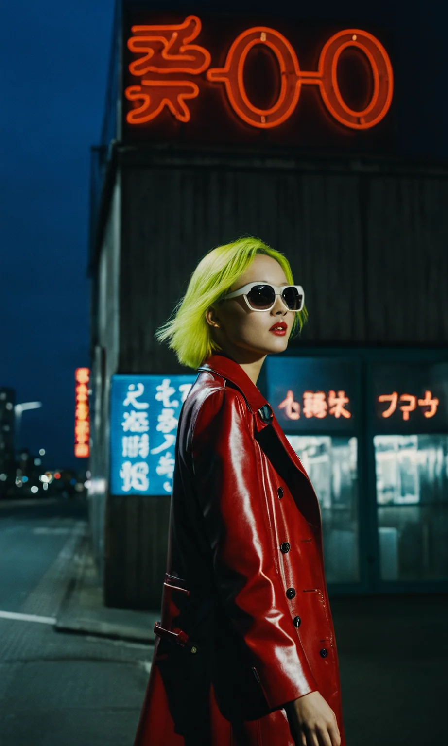 rmuller, Ron Fricke style, Photography, stvmccrr, stvmccrr style, perfection, perfect, detailed, detailed style, perfection style, bokeh, intricate details, ultra high res, masterpiece, realism, realistic, cinematic still, gaspar noe and christopher doyle, 80s aesthetic, a24, night shot, slow shutter, girl side profile, detailed face with sharp bone structure, running fast, wearing shiny red synthetic leather long coat, flowing coat tail, neon yellow hair, girl wearing white frame sunglasses, large neon signs on the side of a building, city skyline, a picture by Makoto Aida, shin hanga, film still from movie, blue color grading, yuya nagai, mamoru ushii, gojo satoru, japanese 80's album cover, long hair, ghosting, film blur, aesthetic, daido moriyama, summer night, cinestill 800t 35mm eastman color, favorite scene, cronenberg, automata, renault, mezzanine, datura, bokeh, depth of field, masterpiece, embedding:Stable_Yogis_PDXL_Positives,