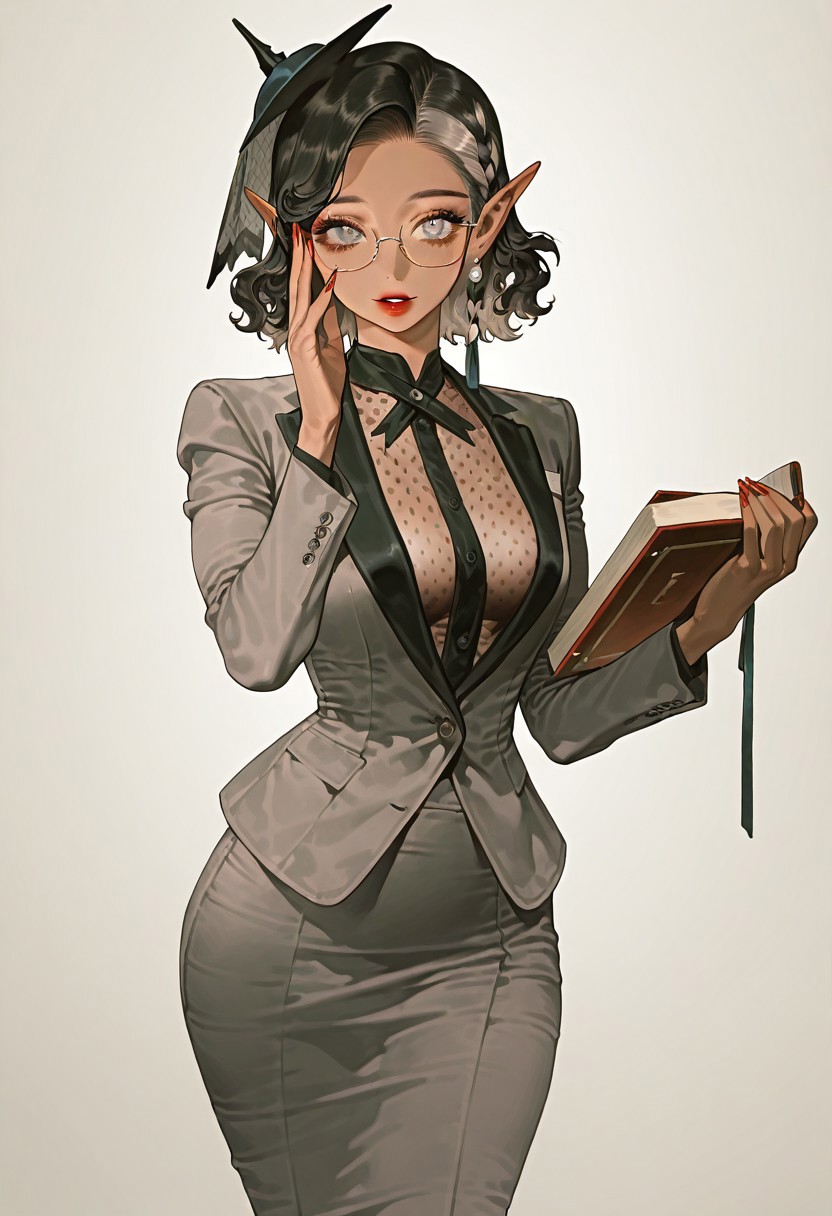 best quality,amazing quality,very aesthetic,very awa,depth of field,detailed face,Volumetric Lighting,highly finished,solo,simple background,
1girl,tan,dark skin,black hair,grey hair,two-tone hair,medium hair,wavy hair,side braid,white eyes,eyewear,pointy ears,adjusting eyewear,looking at viewer,pearl earrings,medium breasts,sleeveless suit jacket, see-through, grey pencil skirt, grey suit jacket, fascinator,holding book,curvy,