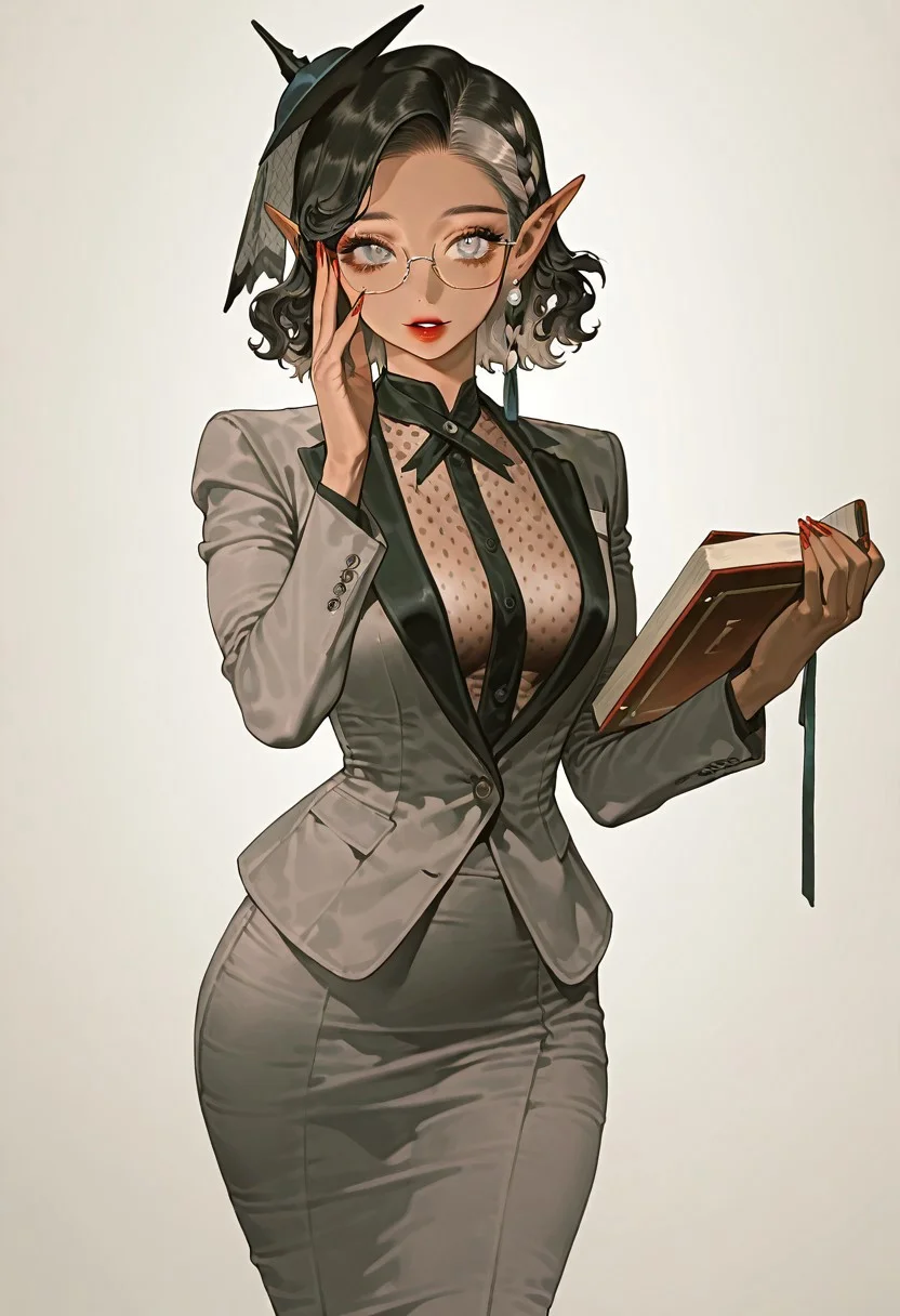 best quality,amazing quality,very aesthetic,very awa,depth of field,detailed face,Volumetric Lighting,highly finished,solo,simple background,
1girl,tan,dark skin,black hair,grey hair,two-tone hair,medium hair,wavy hair,side braid,white eyes,eyewear,pointy ears,adjusting eyewear,looking at viewer,pearl earrings,medium breasts,sleeveless suit jacket, see-through, grey pencil skirt, grey suit jacket, fascinator,holding book,curvy,