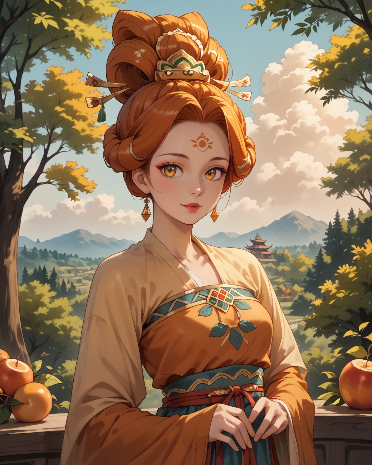 score_9, score_8_up, score_7_up, 1girl, wearing tangfa, tangfa clothes, updo, orange yellow red, fruit trees, fluffy clouds, waist up, painted fan, masterpiece, highest quality, absurdres, (extremely detailed,best quality:1.1), detailed face, detailed hair, digital art, anime  <lora:TangFashion_XL:1>,  <lora:OtherStyle_08-Merge5_06_04_02_02:1>