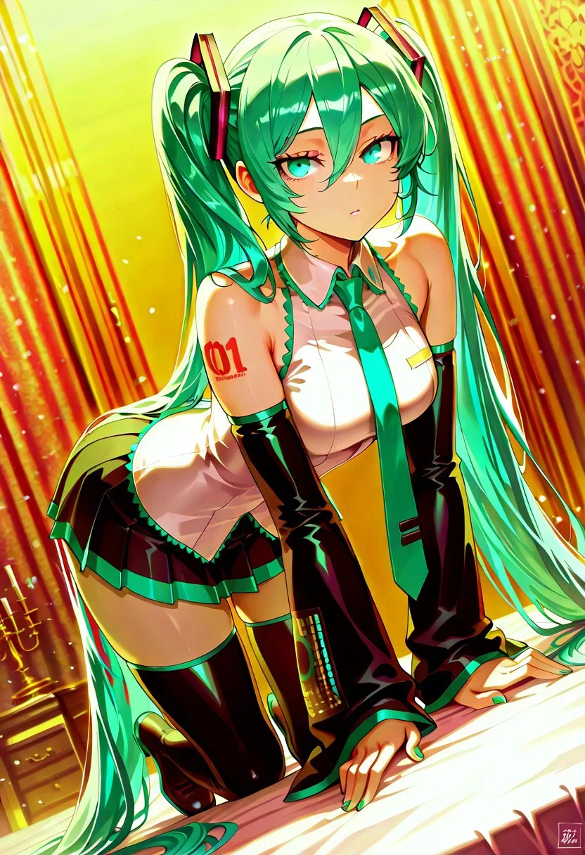 hatsune miku, absurdly long hair,aqua hair,twintails,hair ornament,sidelocks,hair between eyes,parted bangs,aqua eyes, white shirt,collared shirt,bare shoulders,sleeveless shirt,aqua necktie,detached sleeves,black sleeves,shoulder tattoo,fringe,black thighhighs,miniskirt,pleated skirt,zettai ryouiki,thigh boots, masterpiece, best quality, amazing quality,, <lora:fgo-kriemhild-ponyxl-lora-nochekaiser:1>, <lora:doggystyle-asphyxiation-illustriosxl-lora-nochekaiser:1>