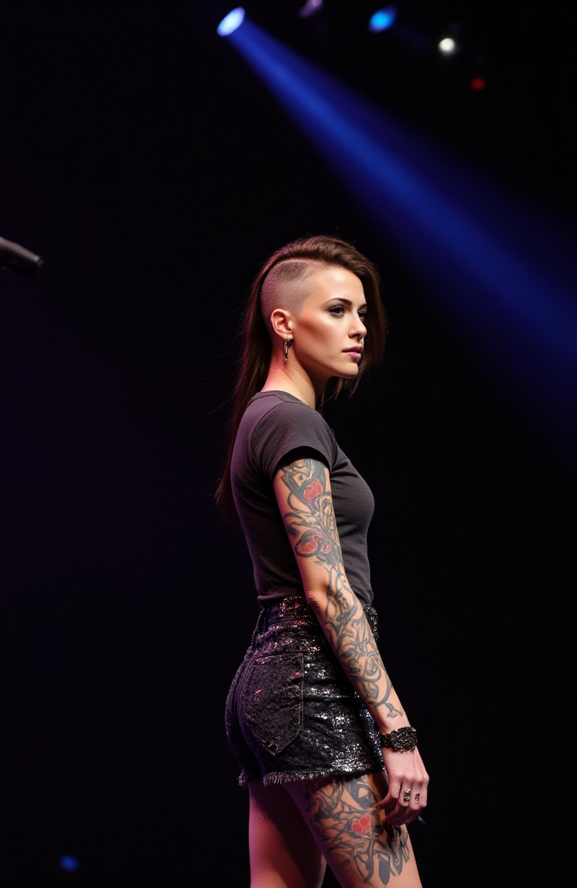 a woman on stage, with a rocking outfit, skirt, top, good lights, face <lora:FLUX_STYLE_SideCut:1> sidecut