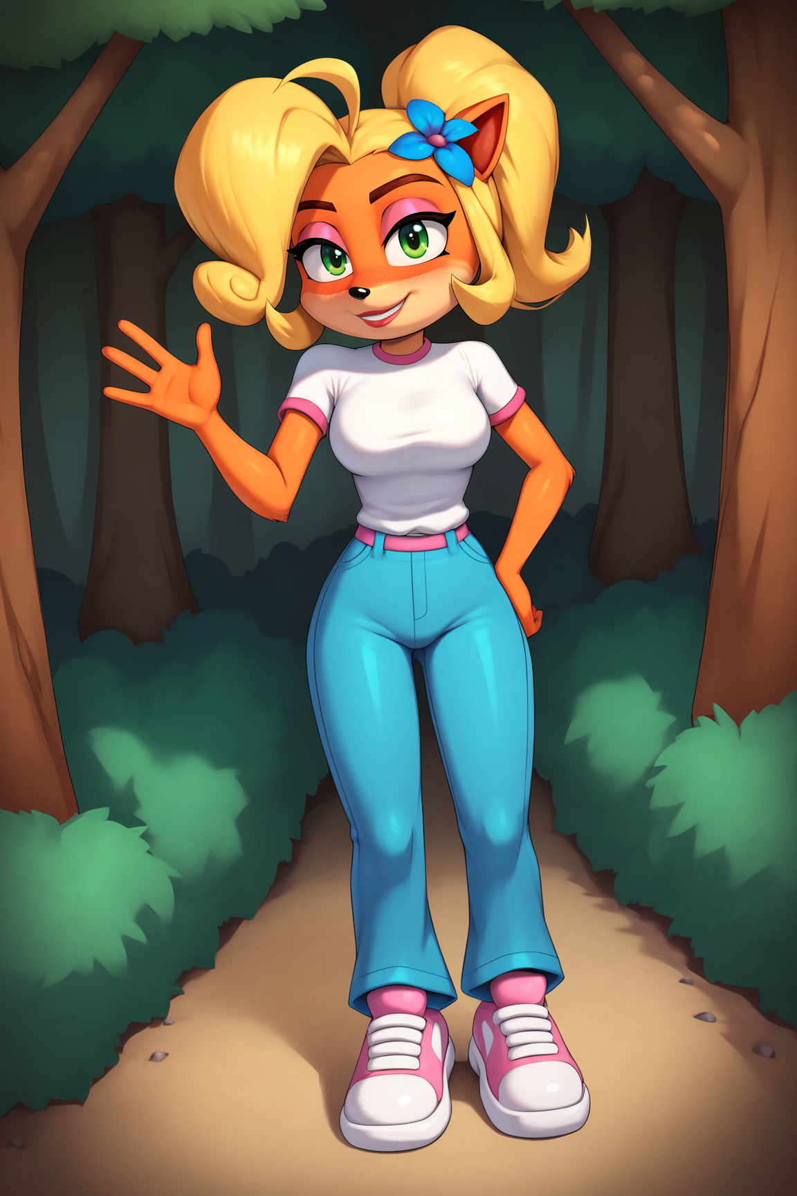 score_9, score_8_up, score_7_up, score_6_up, BREAK, CocoBandicootCNKPXL, anthro furry, furry female, body fur, orange fur, green eyes, blonde hair, short hair, ponytail, huge ahoge, hair flower, animal ears, medium breasts, white shirt, short sleeves, blue pants, pink shoes, solo, full body, standing, waving, seductive smile, looking at viewer, naughty face, nose blush, forest, tree <lora:CocoBandicootCNKPXL:1>