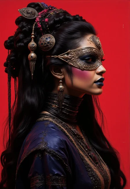 abstract photorealistic ink image in red, black and blue, oriental woman at a masquerade ball, long dark hair with blonde highlights, jewelled earrings, necklaces, sequinned robes, wearing an elaborate masquerade mask, directional lighting illuminating her from one side
