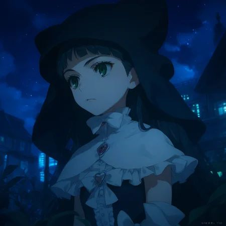 anime coloring, score_9, score_8_up, score_7_up, score_6_up, jane elves, toaru, 1girl, dark, green eyes, night, long hair, black hair, hat, bow, caplet, frilly dress