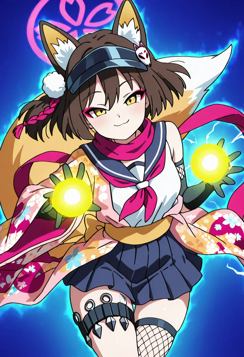 masterpiece, best quality, solo, curvy, beautiful eyes, narrow waist, wide hips, 1girl, solo, smile, looking at viewer,   zzIzuna, yellow eyes, fox ears, eyeshadow, hair between eyes, animal ear fluff, brown hair, hair ornament, medium hair, pink halo, pom pom hair ornament,  visor cap, black gloves, fishnet thighhighs, japanese clothes, neckerchief, partially fingerless gloves, pleated skirt, sailor collar, serafuku, single thighhigh, blue skirt, floral print, kunai, sleeveless, thigh holster, eyeshadow, pink scarf, shirt, hadanugi dousa, ninja, red scarf, wide sleeves,  <lora:KudaIzunaBlueArchive_IXL_v1:1.0>,  ,vivid aura, looking at viewer, blue background, smug, aura, super saiyan, charging energy, energy ball, energy, lightning, <lora:DBSBroly_Style_IXL_v2:0.6>,