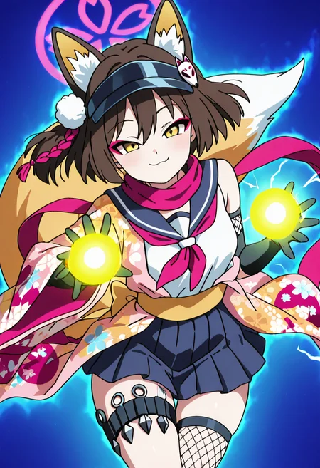 masterpiece, best quality, solo, curvy, beautiful eyes, narrow waist, wide hips, 1girl, solo, smile, looking at viewer,   zzIzuna, yellow eyes, fox ears, eyeshadow, hair between eyes, animal ear fluff, brown hair, hair ornament, medium hair, pink halo, pom pom hair ornament,  visor cap, black gloves, fishnet thighhighs, japanese clothes, neckerchief, partially fingerless gloves, pleated skirt, sailor collar, serafuku, single thighhigh, blue skirt, floral print, kunai, sleeveless, thigh holster, eyeshadow, pink scarf, shirt, hadanugi dousa, ninja, red scarf, wide sleeves,  <lora:KudaIzunaBlueArchive_IXL_v1:1.0>,  ,vivid aura, looking at viewer, blue background, smug, aura, super saiyan, charging energy, energy ball, energy, lightning, <lora:DBSBroly_Style_IXL_v2:0.6>,