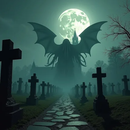 In a huge ancient cemetery the dead are rising under a full moon.  A cathedral towers in the background, winged chthulhu rises