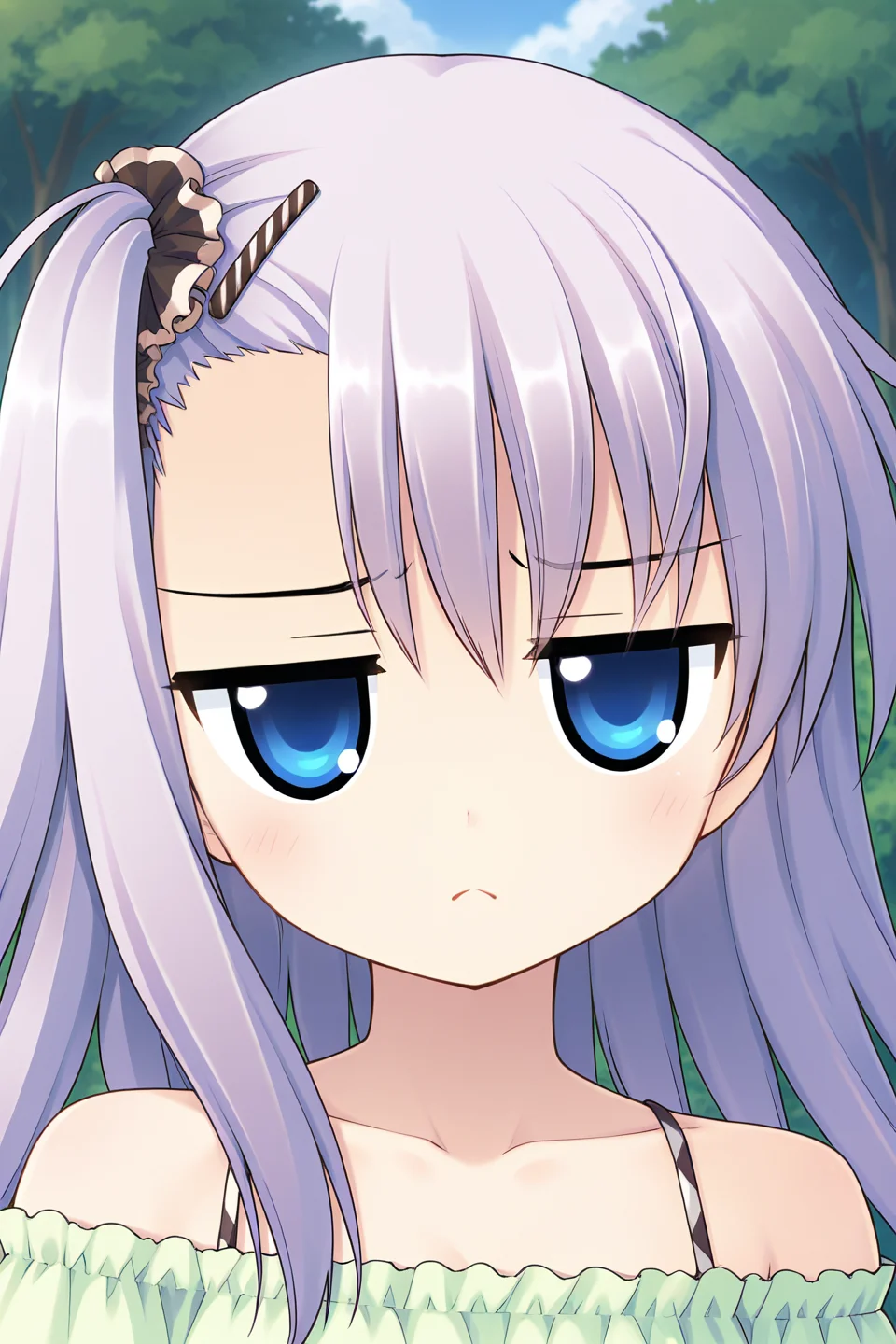 masterpiece, best quality, absurdres, official art, official style, rating general BREAK <lora:manabekei_IL_v1-1:0.7>, manabe kei, 1girl, solo, blue eyes, purple hair, light purple hair, long hair, one side up, side ponytail, black scrunchie, asymmetrical hair, asymmetrical bangs, hairclip, large breasts BREAK casual, bare shoulders, collarbone, blouse, green shirt, frilled shirt, off-shoulder shirt, puffy short sleeves, halterneck, striped camisole, standing, outdoors, nature, forest edge, close-up, portrait,
blush, :<, closed mouth, frown, hair between eyes, jitome, looking at viewer