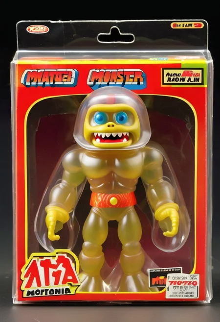 <lora:1987 Action Figure Playset Packaging:1>1987 Action Figure Playset Packaging - A product photo of a 1970s japanese toy clear monster action figure in front of packaging