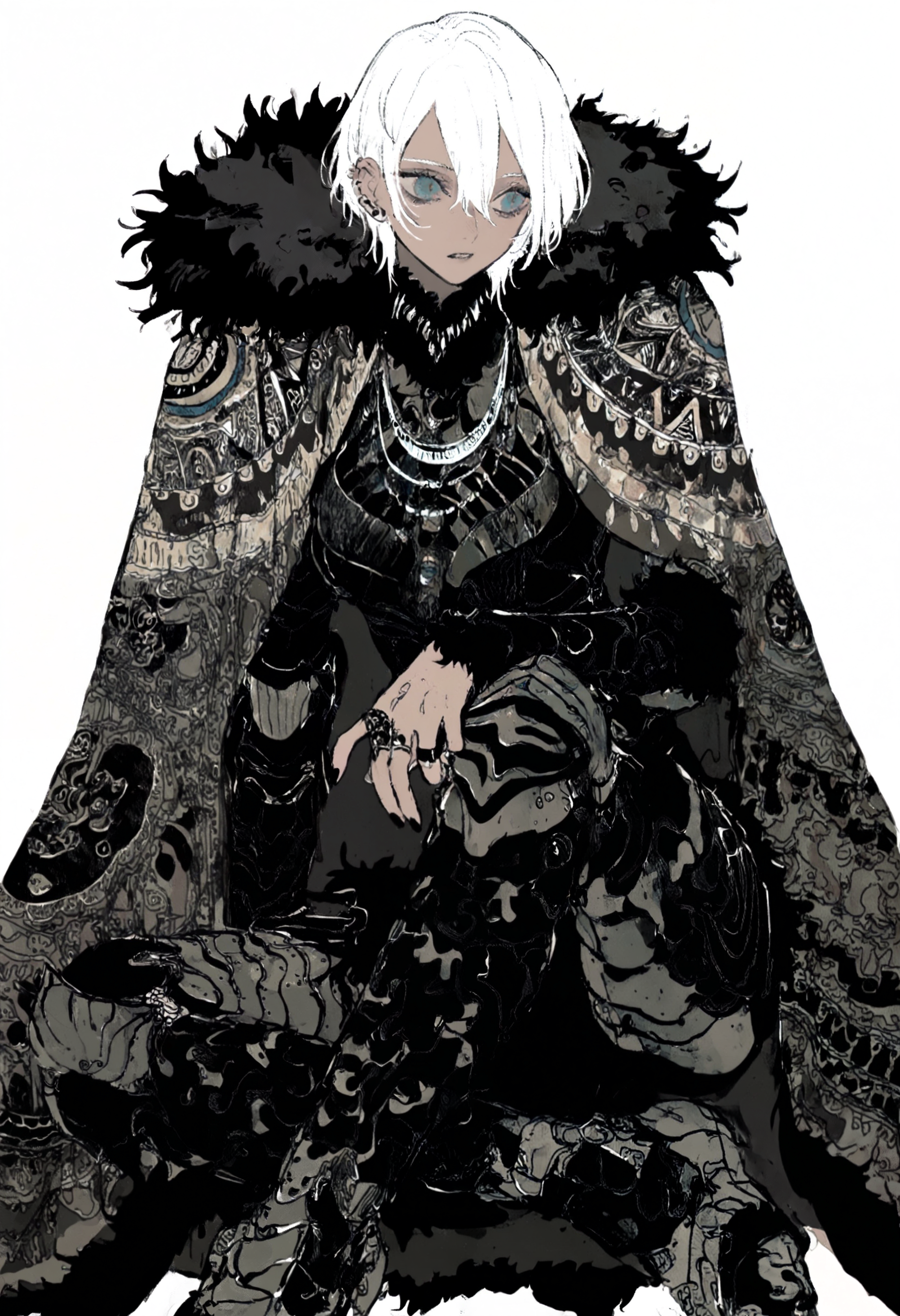 masterpiece, lowres, newest, very awa, muted color, contrast, unfinished,   1girl, solo, dark-skinned female, white hair, hair between eyes, blue eyes, black nails, rings, ear piercing, fur trim, fur collar, tapestry cape, necklace, sitting, armored boots, parted lips, simple background,   <lora:spo_sdxl_10ep_4k-data_lora_webui>,  <lora:NOOB_EPSv1_1_detailer_by_vlnvk_v1_0>, <lora:noobai_ep11_stabilizer_v0.30_fp16>, <lora:mon_monmon2133:0.8>