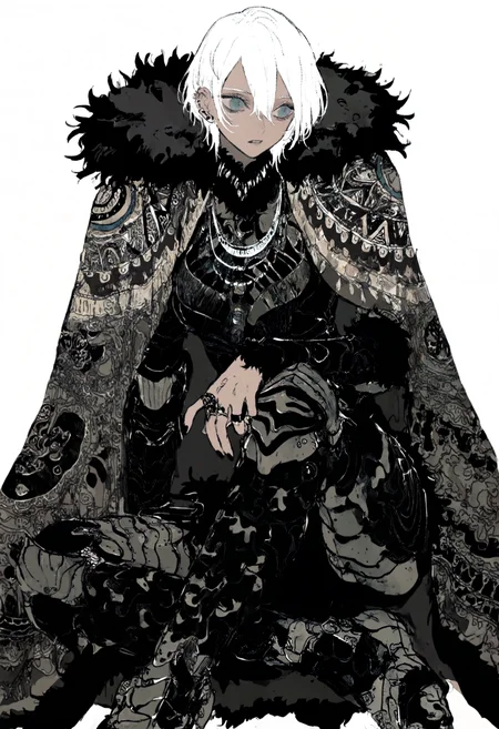 masterpiece, lowres, newest, very awa, muted color, contrast, unfinished, 1girl, solo, dark-skinned female, white hair, hair between eyes, blue eyes, black nails, rings, ear piercing, fur trim, fur collar, tapestry cape, necklace, sitting, armored boots, parted lips, simple background, <lora:spo_sdxl_10ep_4k-data_lora_webui>, <lora:NOOB_EPSv1_1_detailer_by_vlnvk_v1_0>, <lora:noobai_ep11_stabilizer_v0.30_fp16>, <lora:mon_monmon2133:0.8>