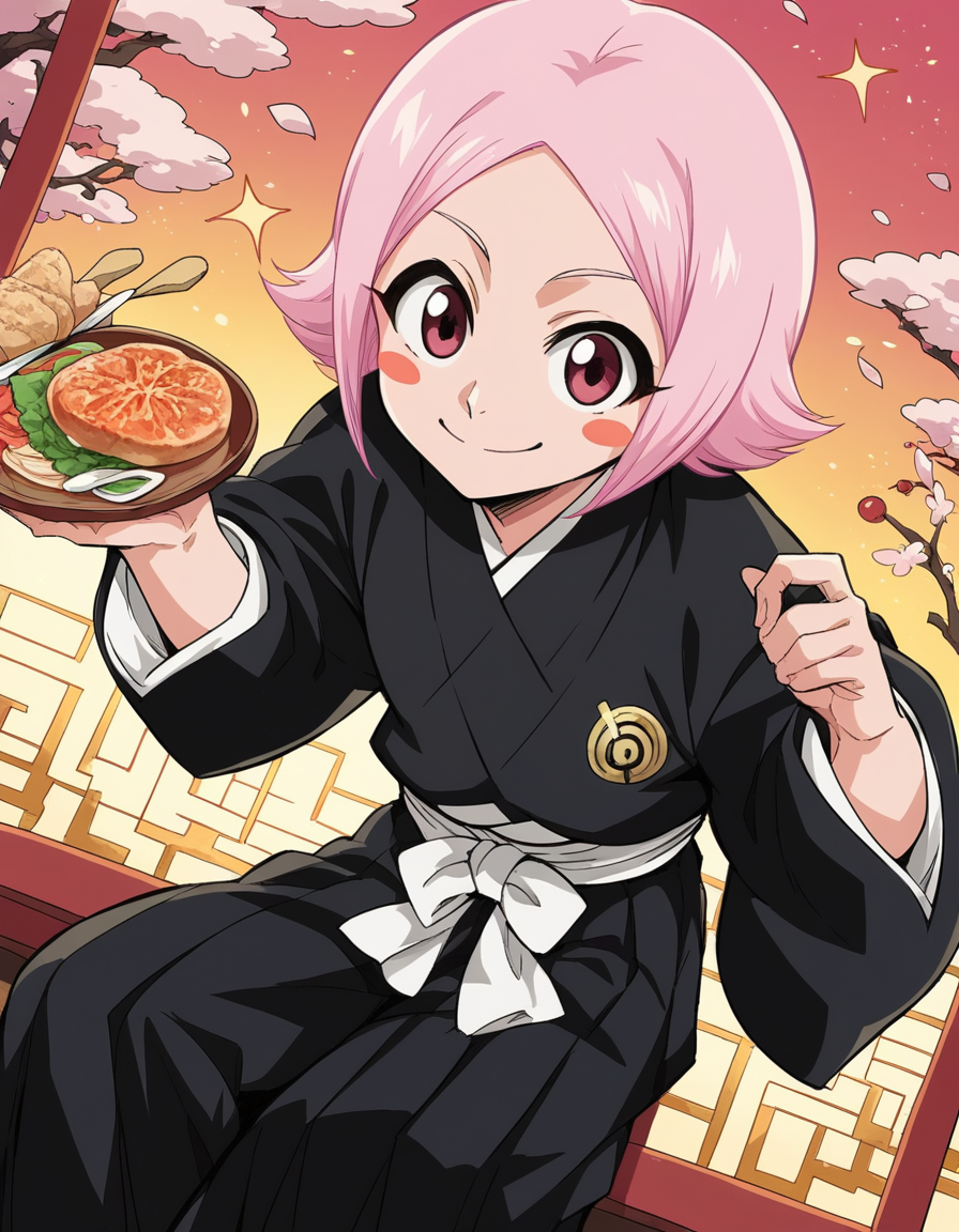 score_9, score_8_up, score_7_up, source_anime, <lora:yachiru-kusajishi-anime-ponyxl-lora-nochekaiser:1>, yachiru kusajishi, short hair, pink hair, pink eyes, blush stickers, forehead,, long sleeves, japanese clothes, hakama, black hakama,, restaurant, laughter, good food, warm lighting, celebration, smile, looking at viewer, elbow bent, hand on thigh, foot pointed, solo,, cowboy shot, dutch angle