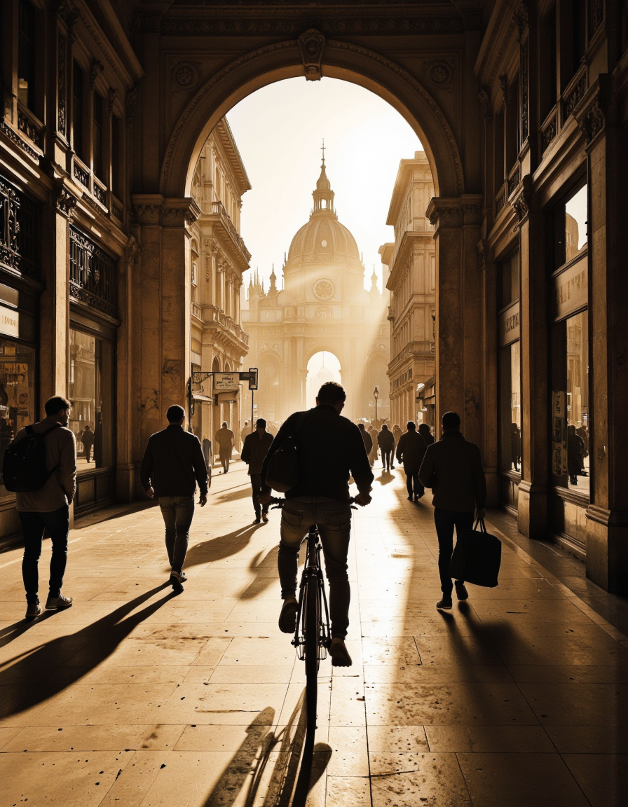 This is a sepia-toned photograph capturing a bustling urban scene in an historic city, likely during the golden hour, as indicated by the warm, golden light bathing the scene. The image is set in a grand, ornate arcade, likely in Milan, Italy, given the architectural style and the Galleria Vittorio Emanuele II's distinctive arch in the background. 
The central figure is a man riding a bicycle, dressed in casual attire including a dark shirt and jeans, with a backpack slung over his shoulders. Chiaroscuro <lora:Dark_side_of_light:0.55>